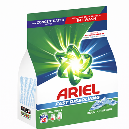 Ariel Fast Dissolving Mountain Spring Mosópor – Koncentrált Formula, 20 Mosás, ~1.1 kg
