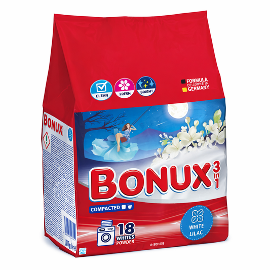 BONUX 3in1 Mosópor Fehér Ruhákhoz 1,17 kg – Mélytisztító és Fehérítő Hatás, Praktikus Kiszerelés