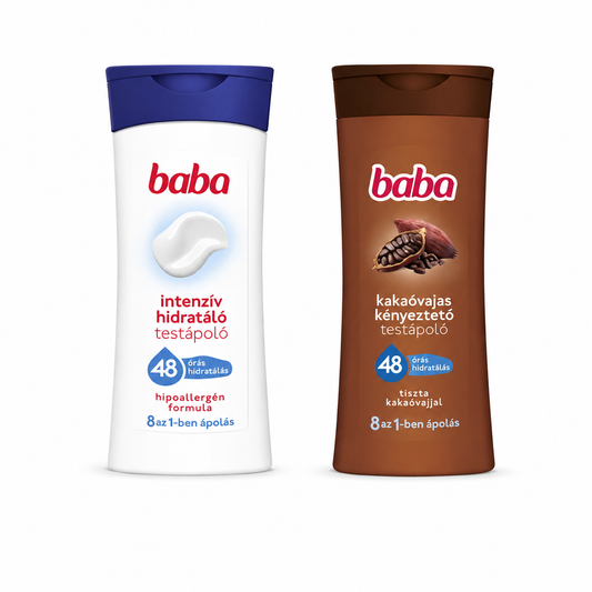 Baba Testápoló Csomag 2×400 ml – Intenzív Hidratáló + Kakaóvajas Kényeztető