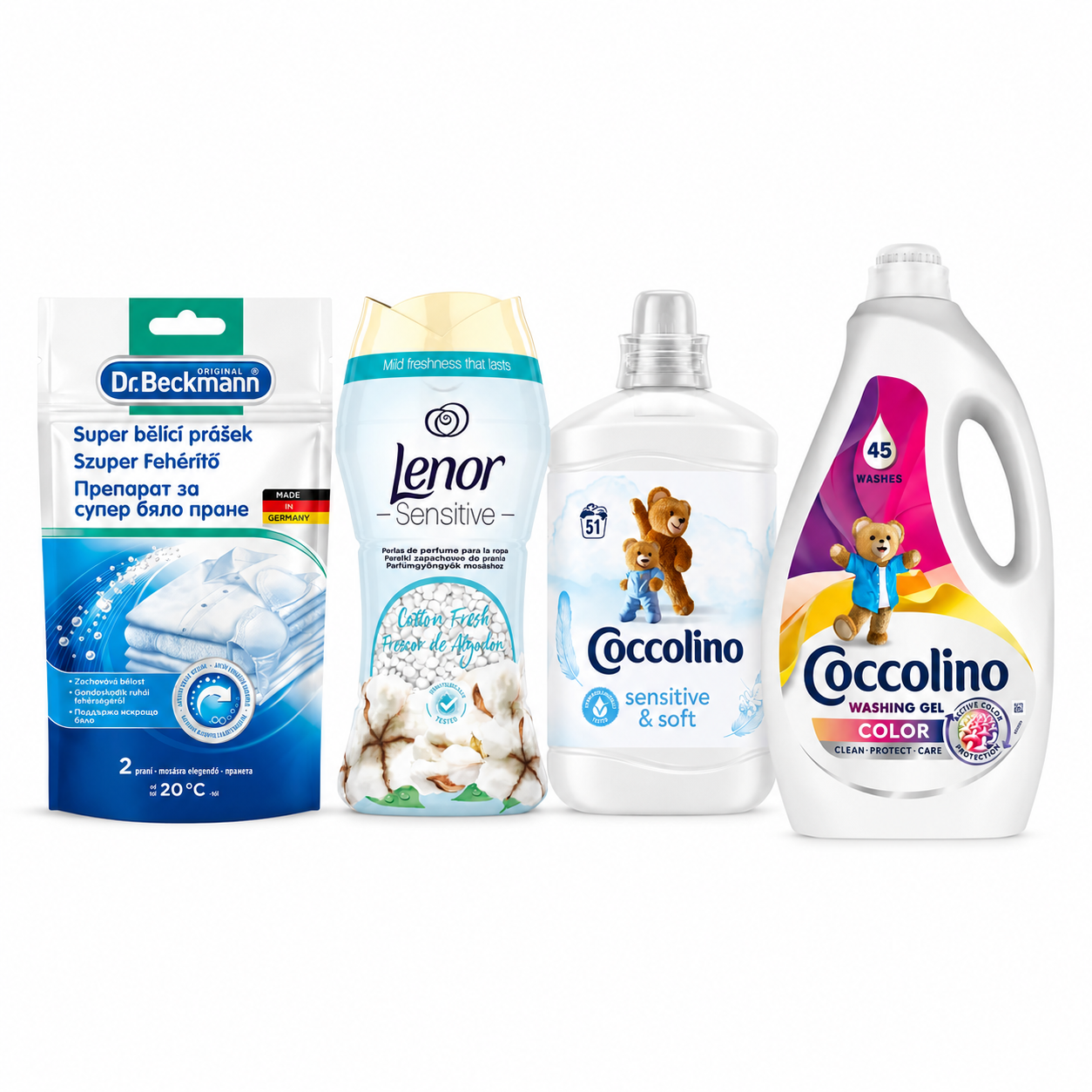 Coccolino és Lenor Sensitive Mosási Csomag Dr. Beckmann Fehérítőporral