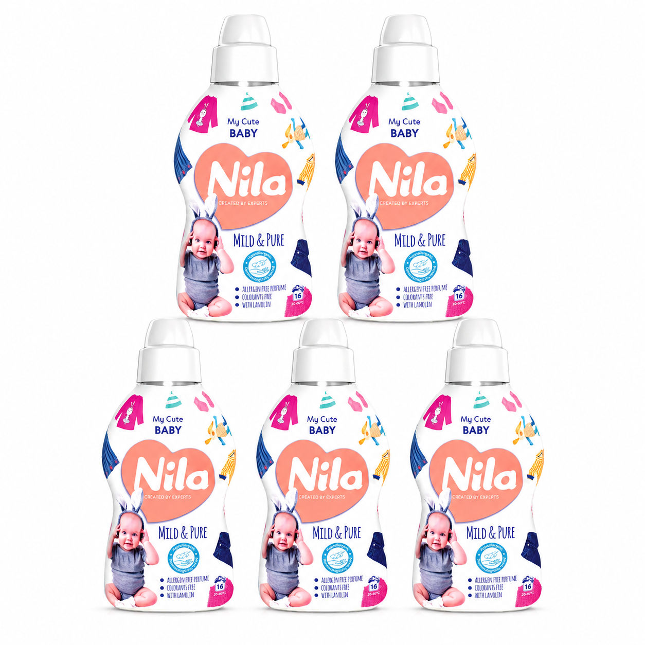 Nila My Cute Baby Mild & Pure mosószer 5 db-os csomag – 5 × 900 ml, babaruhákhoz és érzékeny bőrhöz