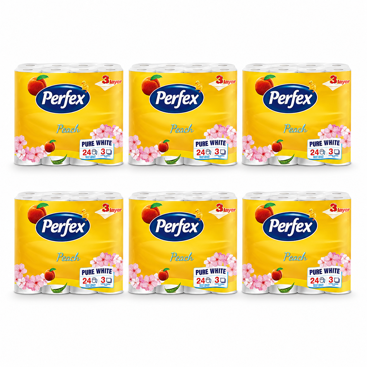 Perfex Peach toalettpapír 6 csomag (összesen 144 tekercs) – 3 rétegű, őszibarack illatú, 100% cellulóz