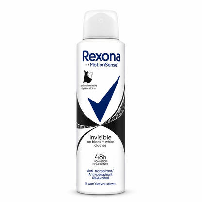 Rexona MotionSense Invisible Black + White dezodor spray 150 ml – 48 órás izzadásgátló védelem, 0% alkohol