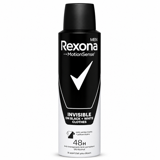 Rexona Men MotionSense Invisible Black + White férfi dezodor spray 150 ml – 48 órás izzadásgátló védelem, 0% alkohol