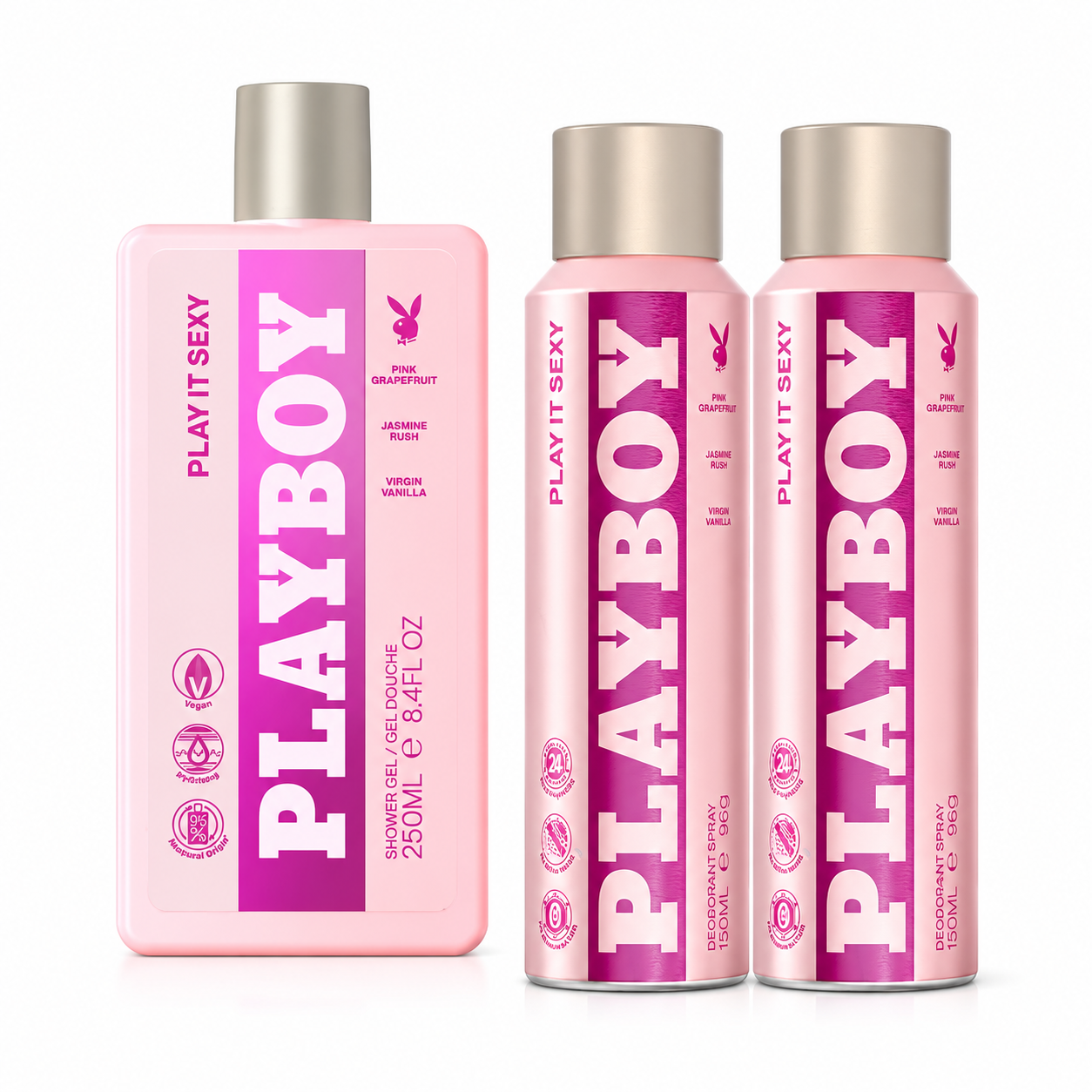 Playboy Play It Sexy Ajándékcsomag – 1 db Tusfürdő 250 ml + 2 db Deo Spray 150 ml