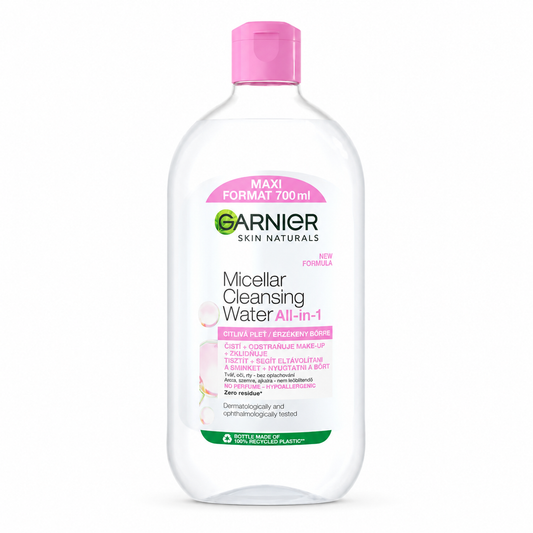 Garnier Skin Naturals Micellás Arctisztító Víz All-in-1 700 ml érzékeny bőrre. Sminklemosó, arctisztító és bőrnyugtató micellás víz mindennapi használatra.