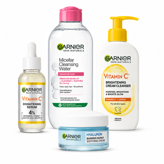 Garnier 4 db-os arcápolási csomag – Vitamin C szérum, Hyaluron krém, micellás víz és C-vitaminos arctisztító