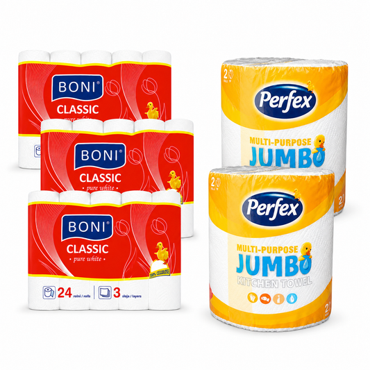 BONI Classic WC-papír és Perfex Jumbo kéztörlő csomag 3+2 db