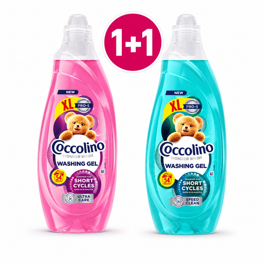 Coccolino Wonder Wash mosógél 1+1 csomag 2×2,16 l – Ultra Care + Speed Clean, 108 mosás