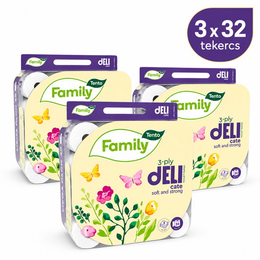 Tento Family DELIcate toalettpapír 3×32 tekercs – 3 rétegű, 96 tekercses gazdaságos családi WC-papír csomag