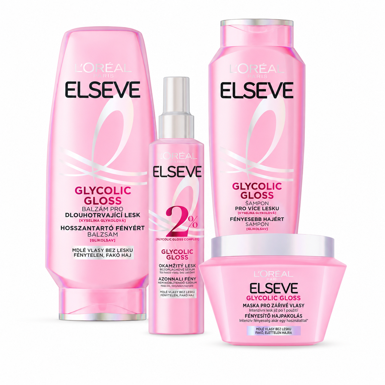 L’Oréal Paris Elseve Glycolic Gloss hajápoló csomag – sampon, balzsam, szérum spray és hajpakolás fénytelen hajra