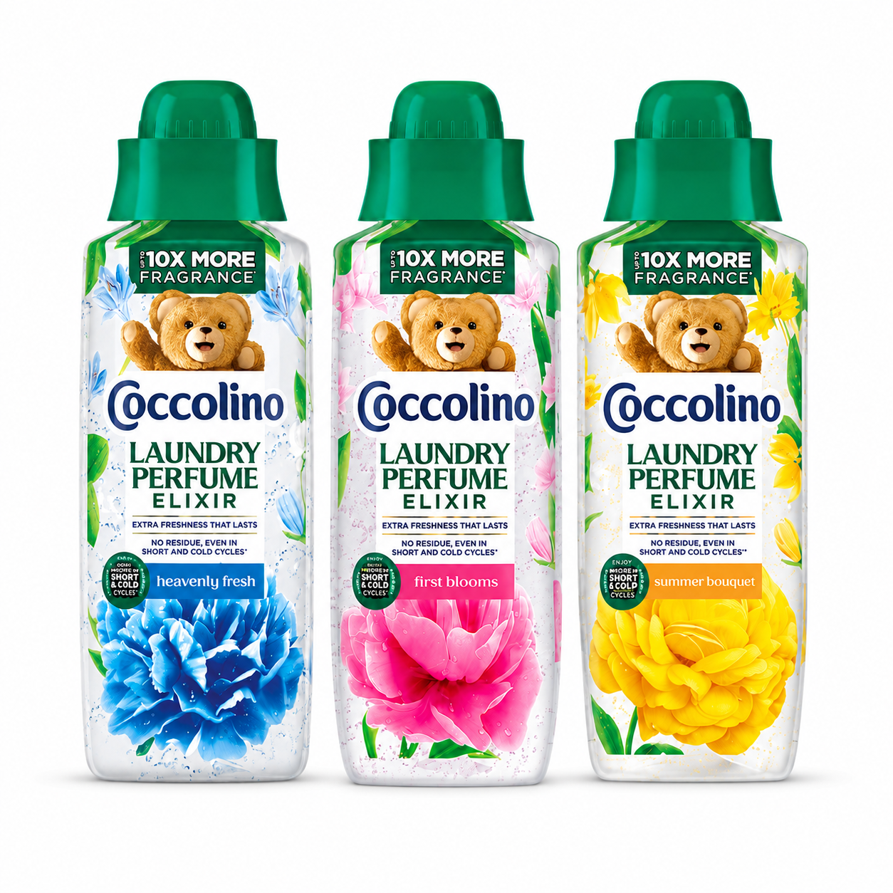 Coccolino Laundry Perfume Elixir mosóparfüm csomag 3×460 ml – Heavenly Fresh, First Blooms és Summer Bouquet illatválogatás