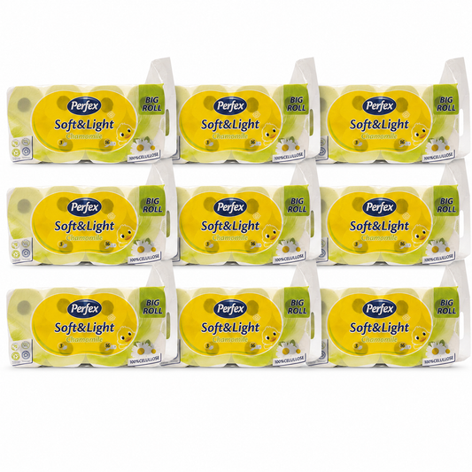 Perfex Soft & Light Chamomile toalettpapír 9 csomag (összesen 144 tekercs) – 3 rétegű, kamilla illatú, 100% cellulóz