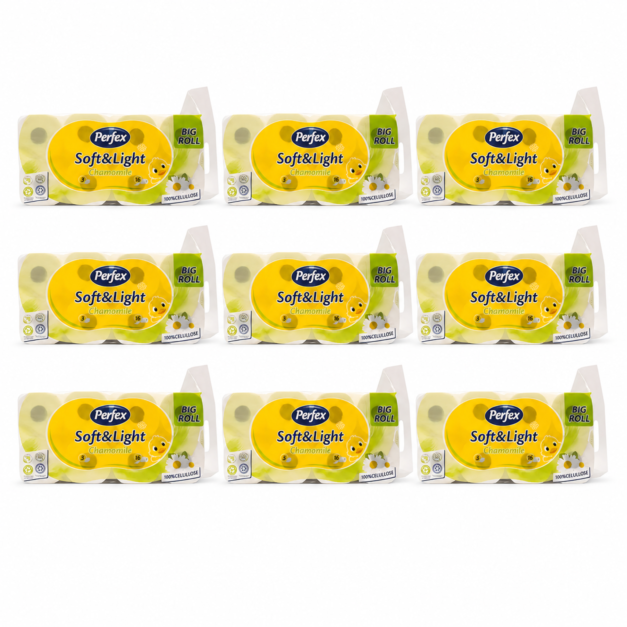 Perfex Soft&Light Chamomile Big Roll toalettpapír 9 csomag – 3 rétegű, kamilla illatú, 144 tekercses kiszerelés
