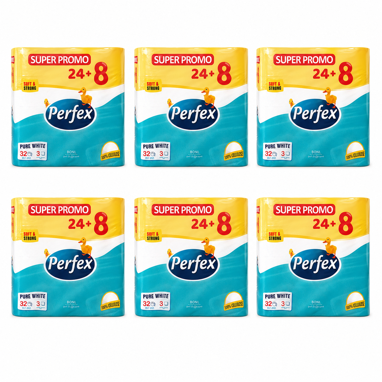 Perfex Pure White Super Promo toalettpapír 6 csomag – 3 rétegű, 192 tekercses kiszerelés, 100% cellulóz