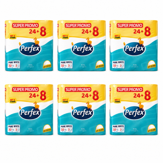 Perfex Pure White Super Promo toalettpapír 6 csomag – 3 rétegű, 192 tekercses kiszerelés, 100% cellulóz