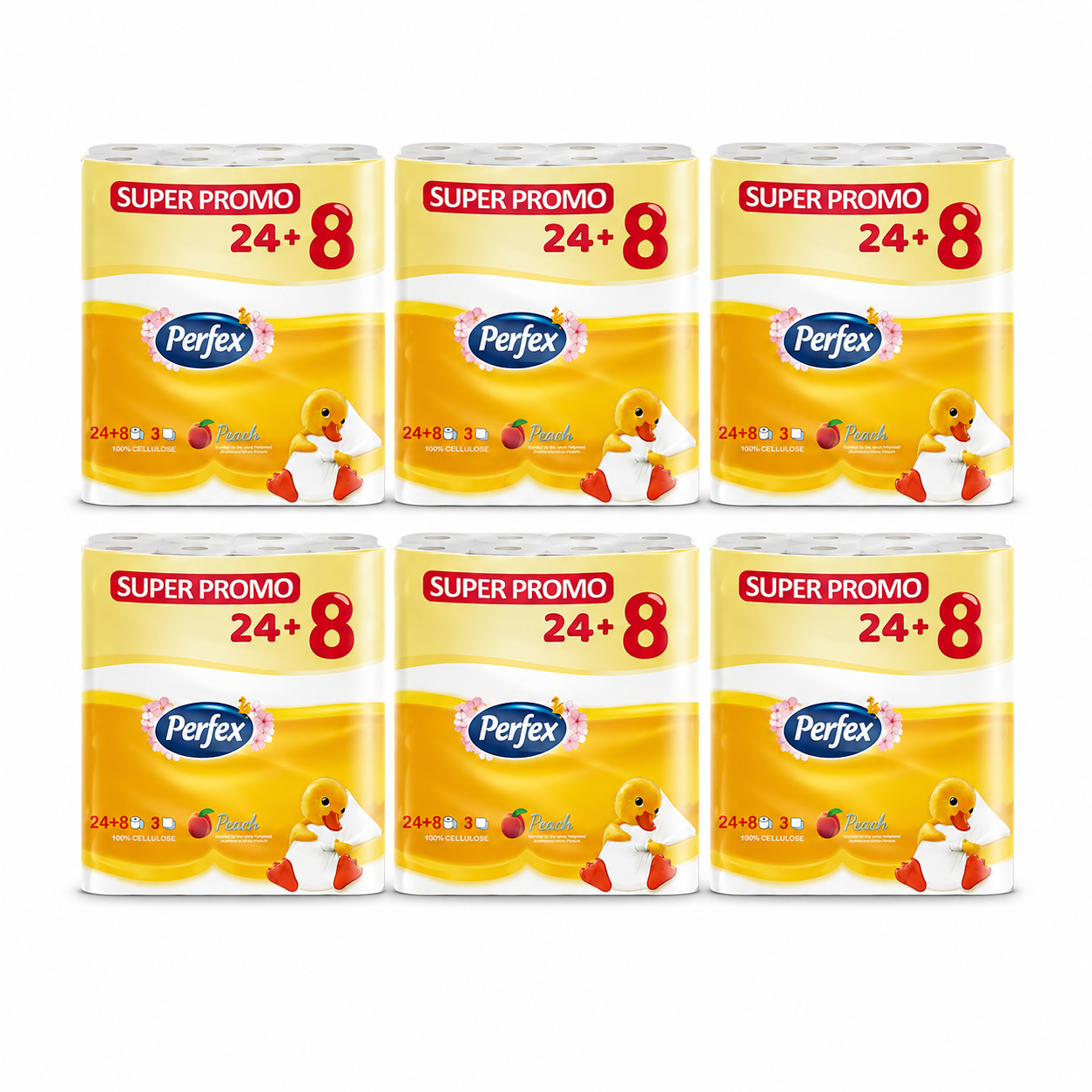 Perfex Peach Super Promo toalettpapír 6 csomag – 24+8 tekercses, 3 rétegű, barack illatú, 192 tekercses kiszerelés