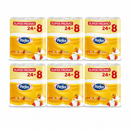 Perfex Peach Super Promo toalettpapír 6 csomag – 24+8 tekercses, 3 rétegű, barack illatú, 192 tekercses kiszerelés