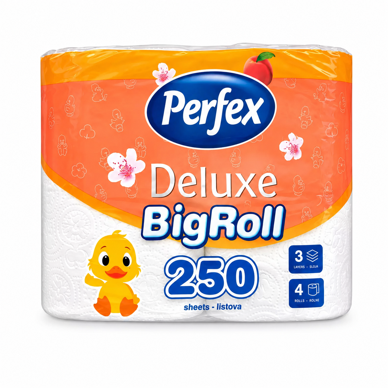Perfex Deluxe Big Roll toalettpapír 4 tekercs, 3 rétegű, 250 lapos, barack illatú prémium WC-papír