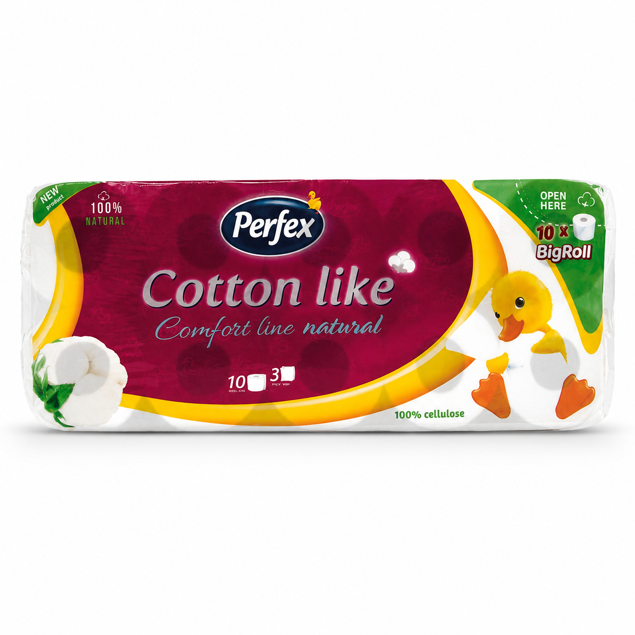 Perfex Cotton Like Comfort Line Natural toalettpapír – 10 tekercs, 3 rétegű, 100% cellulóz, Big Roll