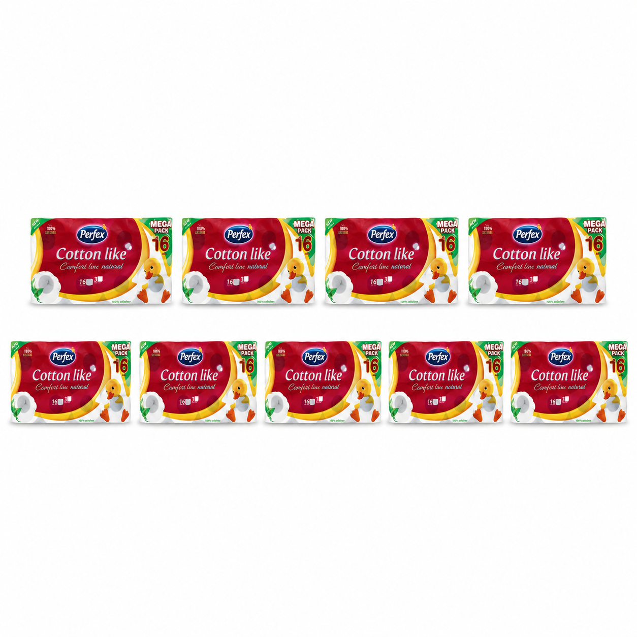 Perfex Cotton Like Comfort Line Natural toalettpapír 9 csomag – 16 tekercs/csomag, 3 rétegű, 100% cellulóz, Mega Pack