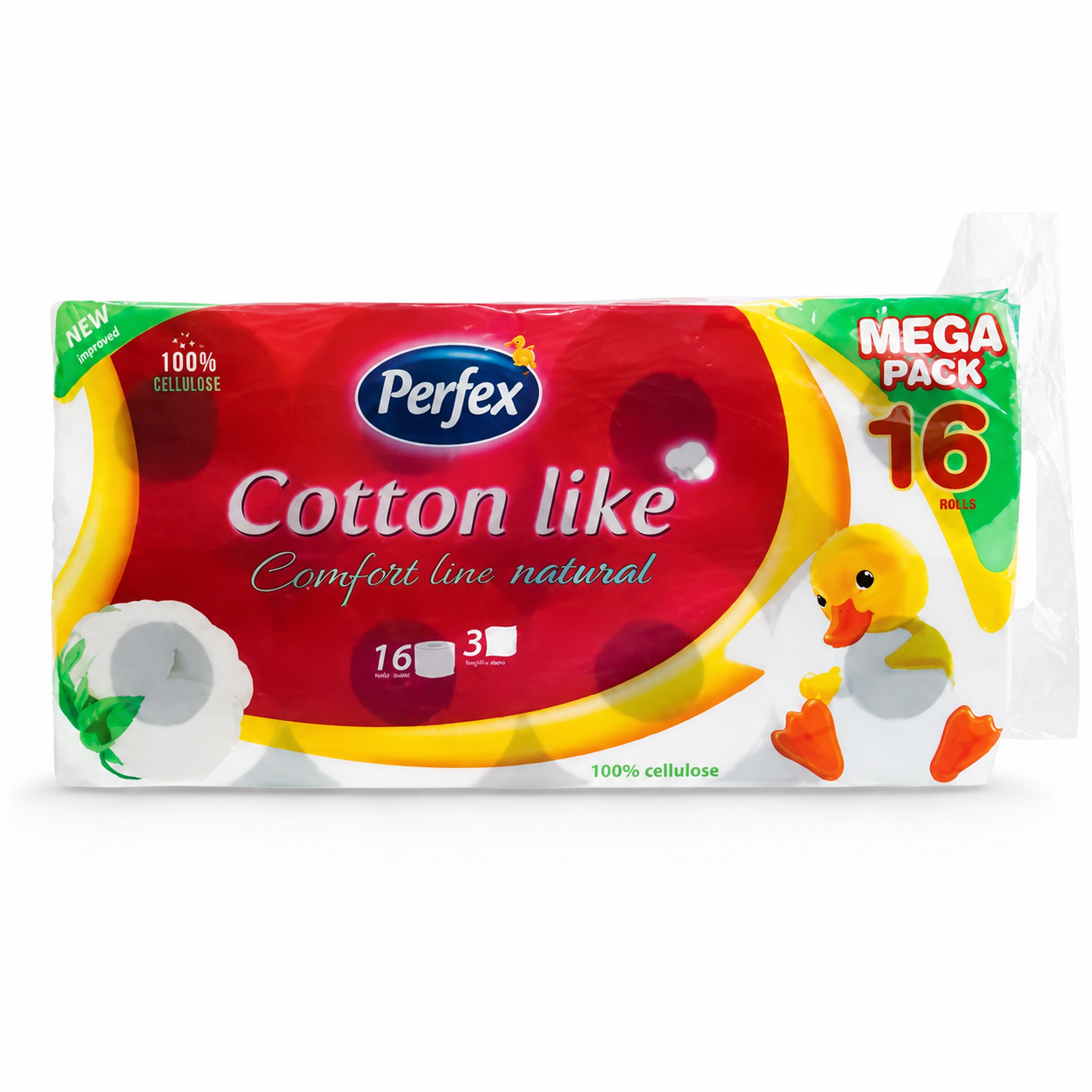 Perfex Cotton Like Comfort Line Natural toalettpapír – 16 tekercs, 3 rétegű, 100% cellulóz, Mega Pack