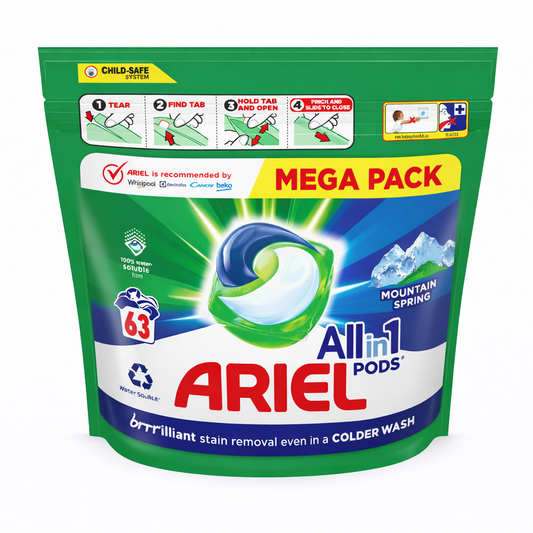 Ariel All-in-1 Pods Mountain Spring mosókapszula 63 db (63 mosás) – Mega Pack, friss illattal