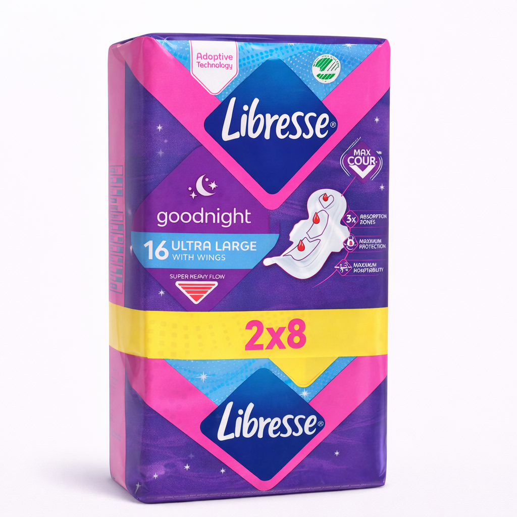 Libresse Goodnight Ultra Large szárnyas betét Duo Pack 2×8 db – Extra éjszakai védelem erős napokra