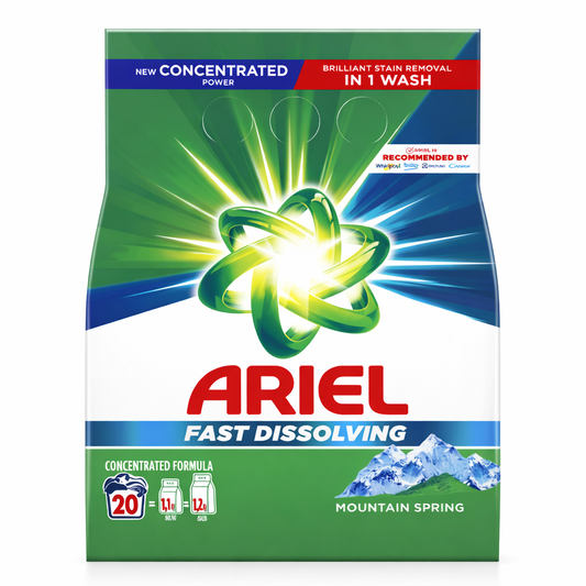 Ariel Fast Dissolving Mountain Spring Mosópor – Koncentrált Formula, 20 Mosás, ~1.1 kg