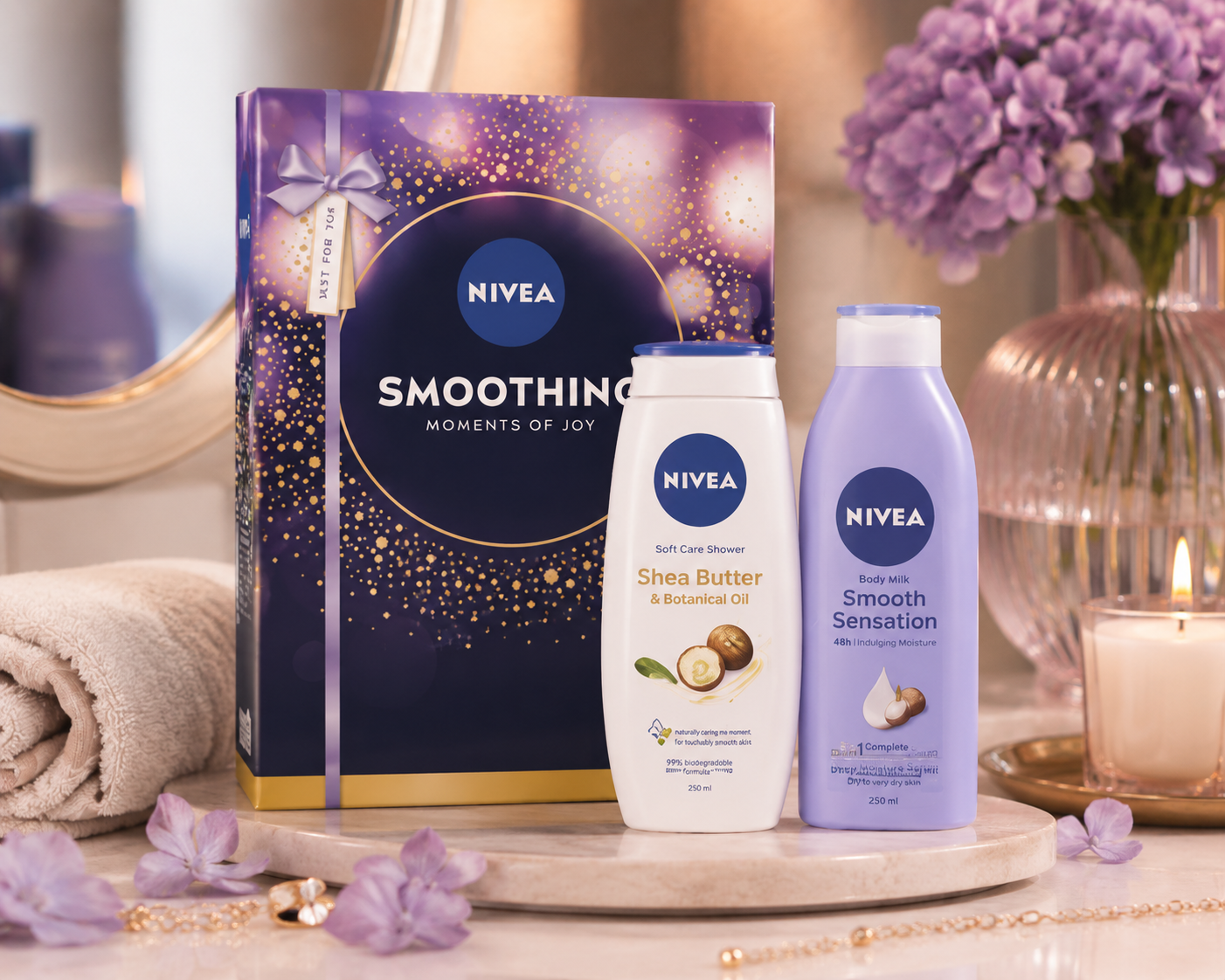 NIVEA Smoothing Moments of Joy ajándékcsomag – Shea Butter tusfürdő és testápoló szett