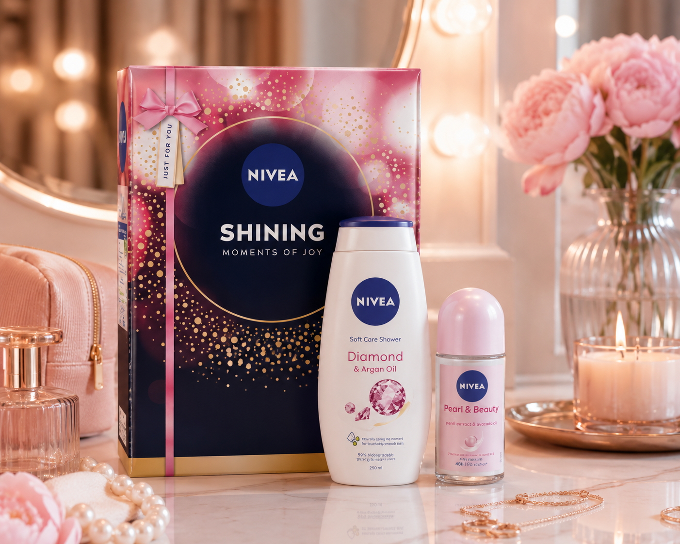 NIVEA Moments of Joy Shining ajándékcsomag – Női tusfürdő és dezodor s