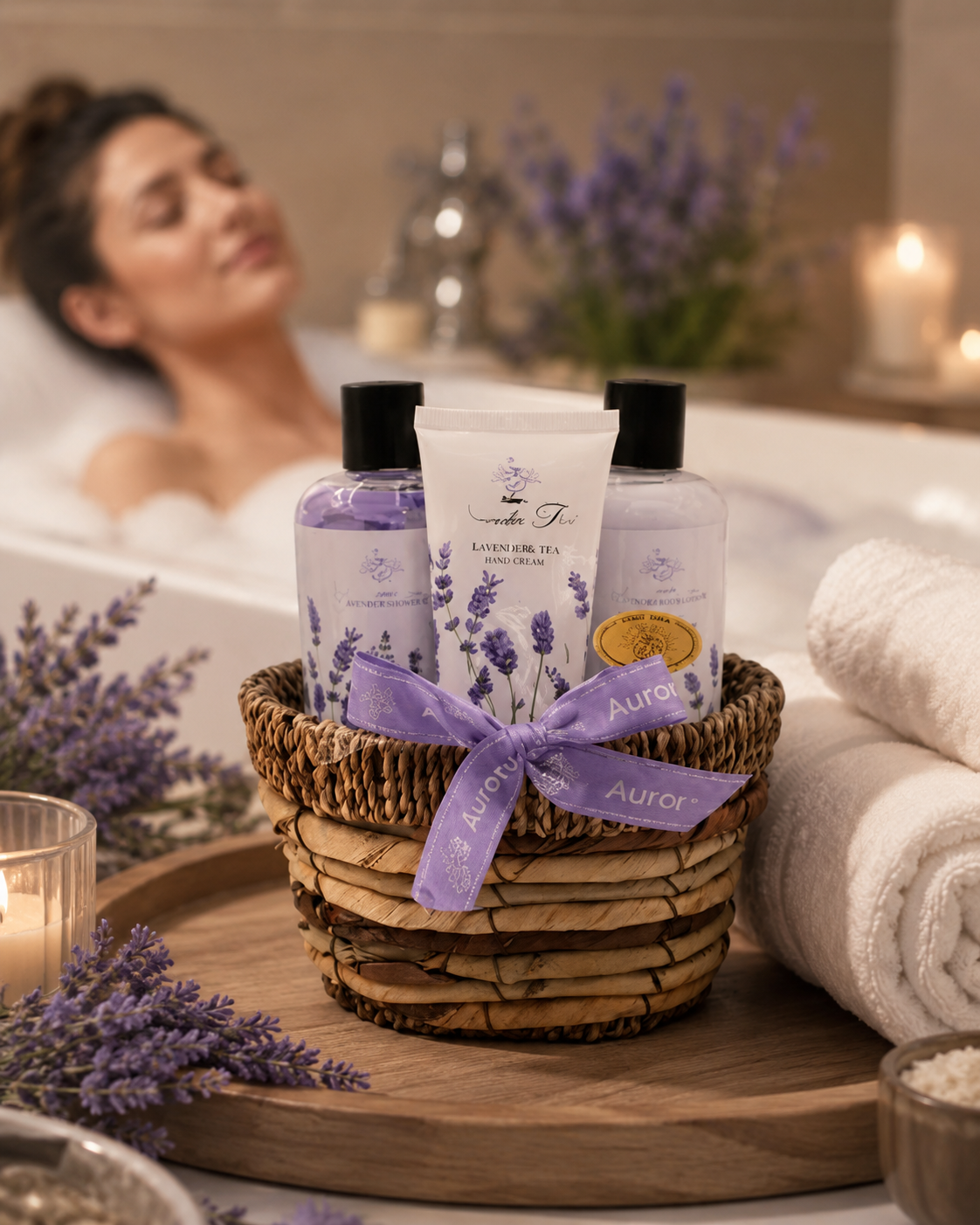 Aurora Levendulás Fürdő Ajándék Szett Kosárban – Relaxáló Wellness Élmény Ajándékba