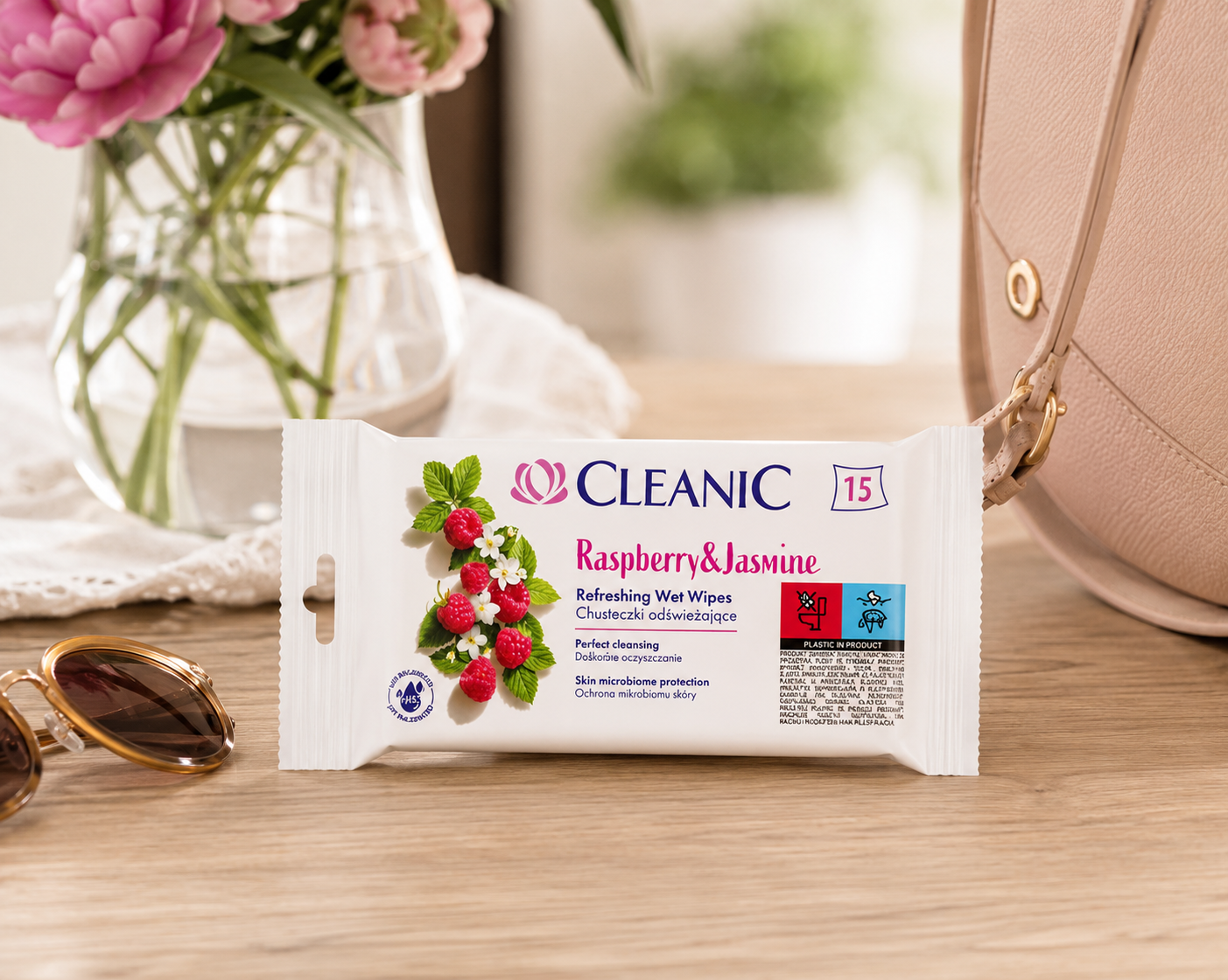 Cleanic Raspberry & Jasmine frissítő nedves törlőkendő – 15 db