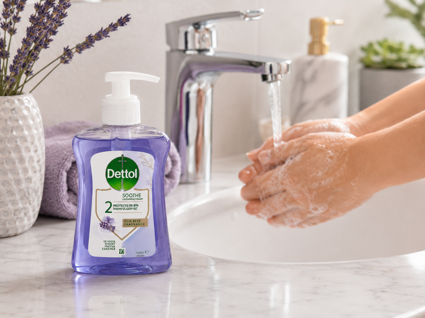 Dettol Soothe folyékony kézmosó pumpás adagolóval – Lavender & Yogurt Blissful illat, 250 ml
