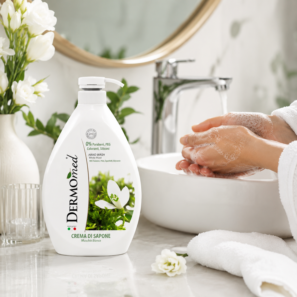 Dermomed Muschio Bianco folyékony kézmosó szappan 300 ml – fehér pézsma illat, 0% parabén, szilikonmentes