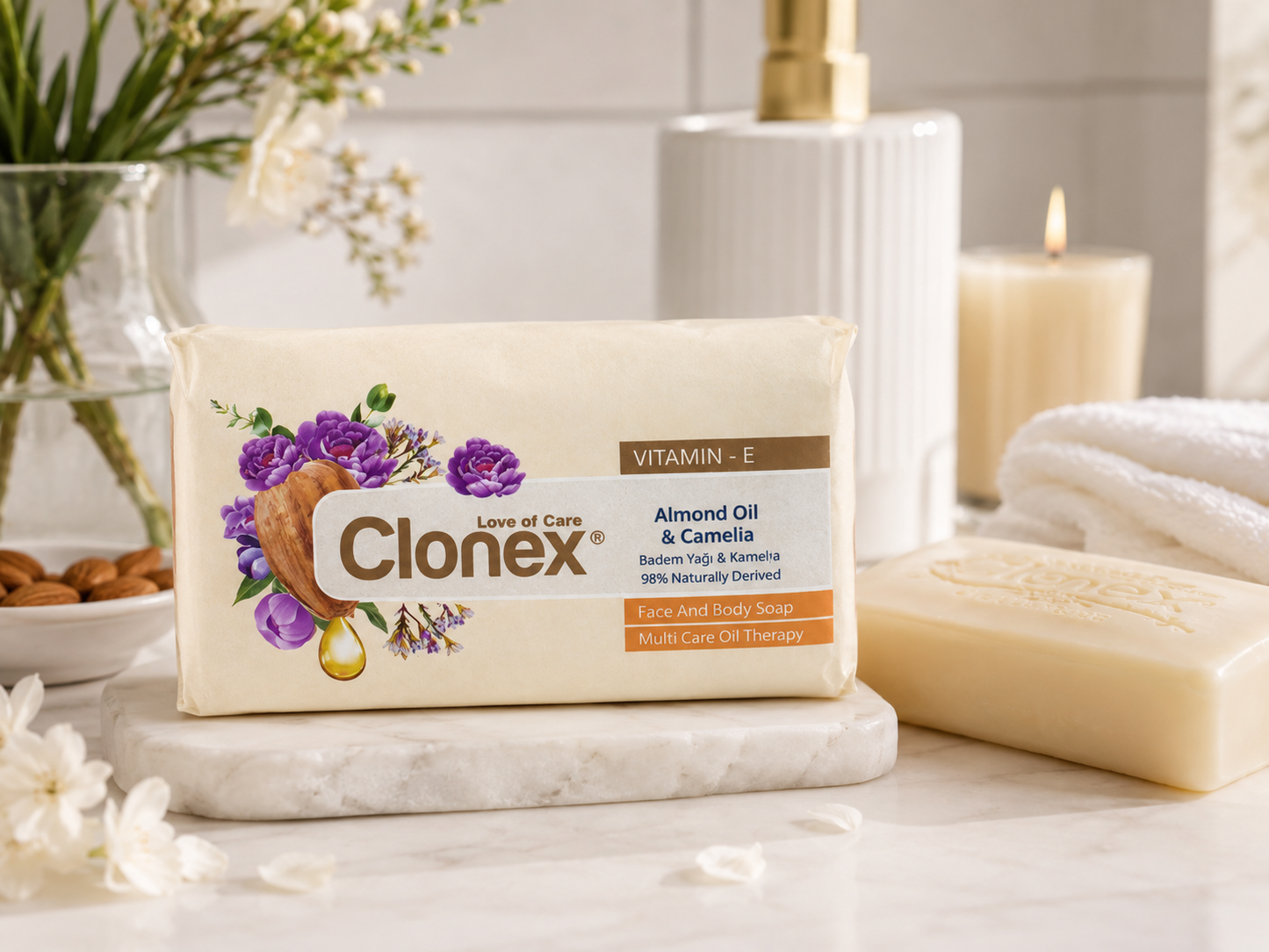 Clonex szappan 60 g – mandulaolajjal és kaméliával, hidratáló és tápláló bőrápolás