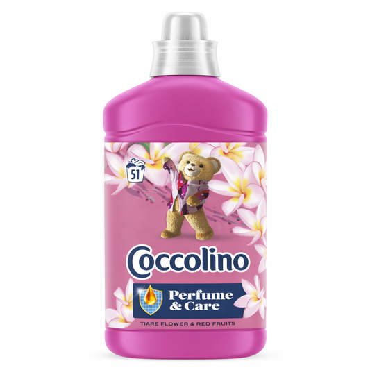 Coccolino Perfume & Care Tiare Flower & Red Fruits öblítő 1,275L – Intenzív virágos-gyümölcsös illat és hosszan tartó puhaság