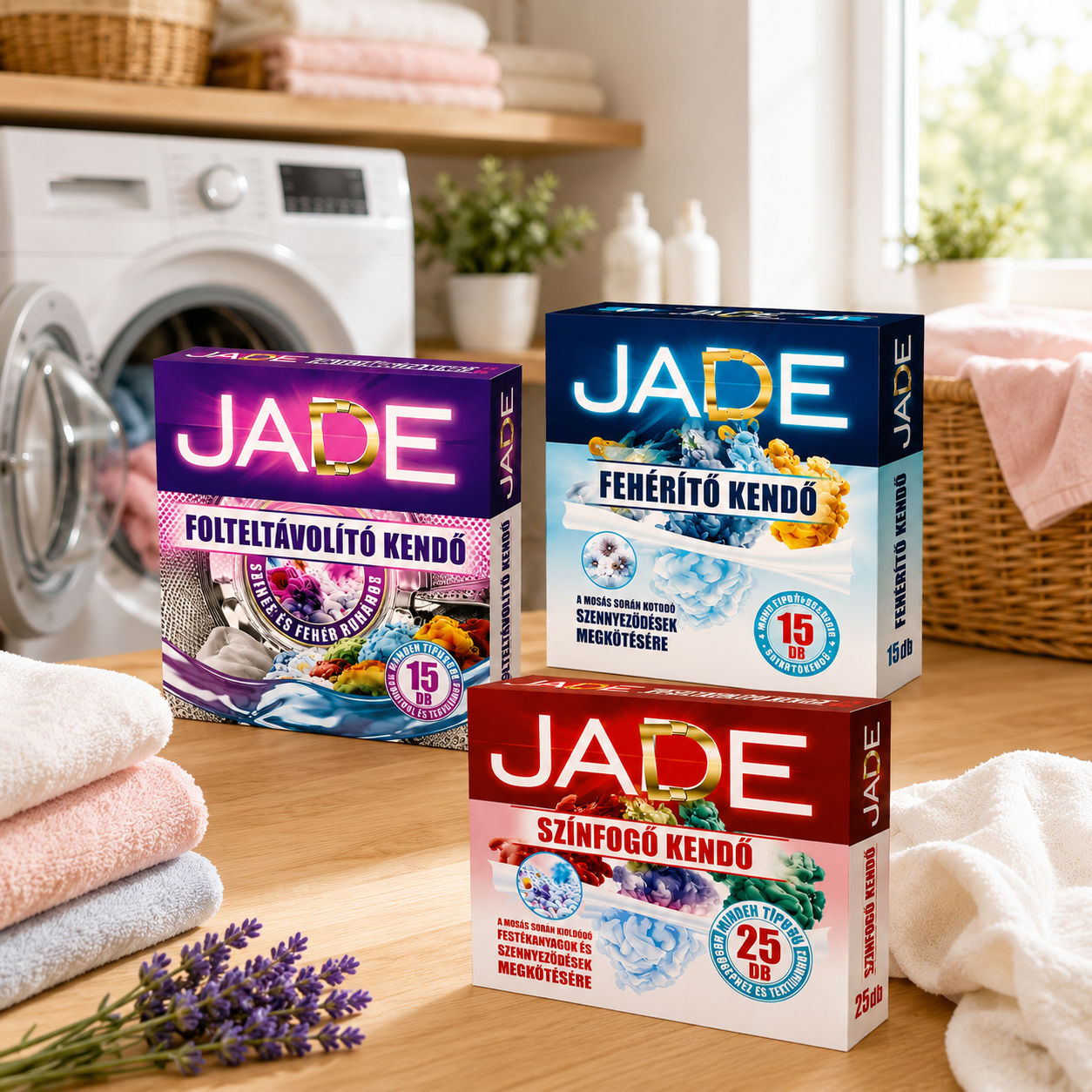 JADE mosókendő csomag 3 részes – Folteltávolító, Fehérítő és Színfogó kendő, összesen 55 db
