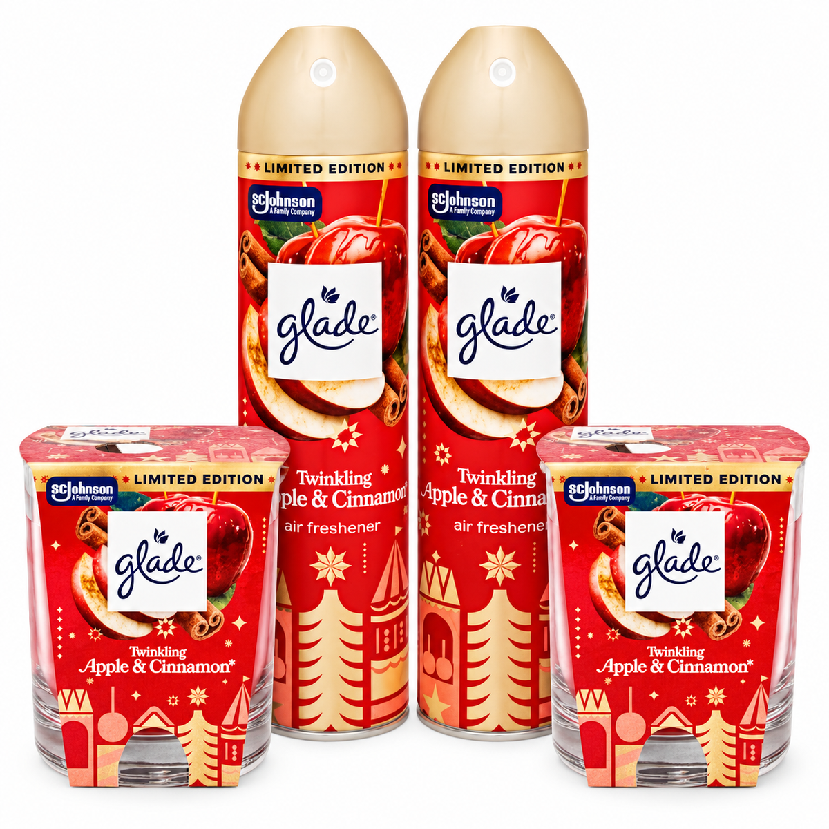 Glade Twinkling Apple & Cinnamon 4 részes ünnepi illatcsomag – 2×300 ml légfrissítő + 2×112 g illatgyertya