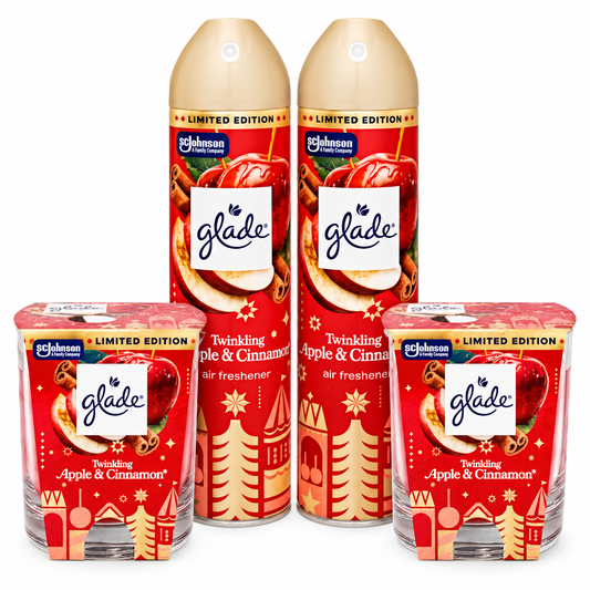 Glade Twinkling Apple & Cinnamon 4 részes ünnepi illatcsomag – 2×300 ml légfrissítő + 2×112 g illatgyertya