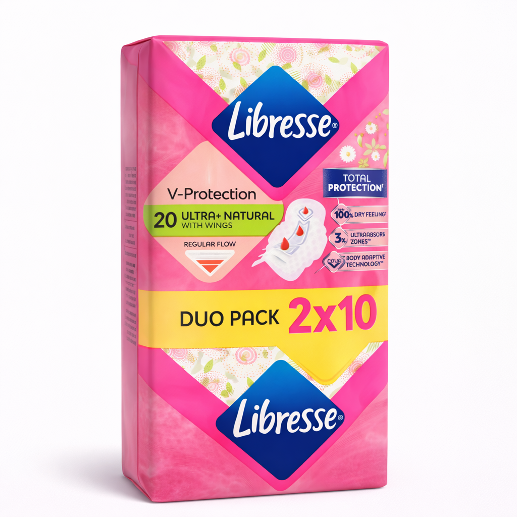 Libresse V-Protection Ultra+ Natural szárnyas betét Duo Pack 2×10 db – Természetes frissesség, maximális védelem Aloe Vera