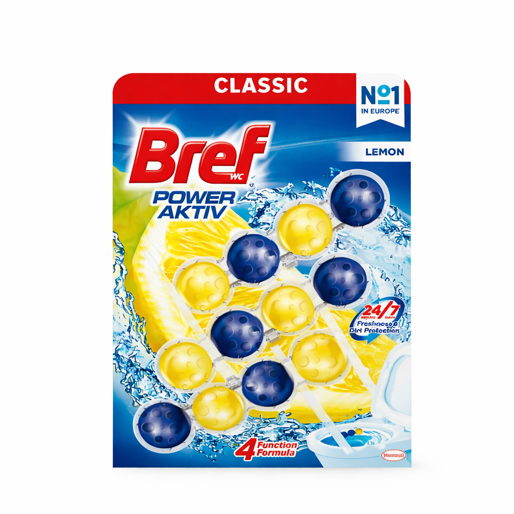 Bref Power Aktiv WC illatosító Lemon 3x50 g – Hosszan tartó citromos frissesség, vízkő elleni védelem, 3 az 1-ben hatás