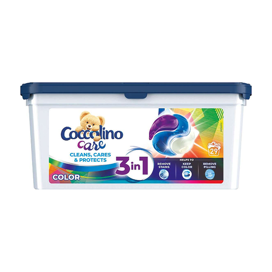 Coccolino Care 3in1 Color Mosókapszula 29 db – Színes Ruhákhoz, Tisztítás, Ápolás és Színvédelem