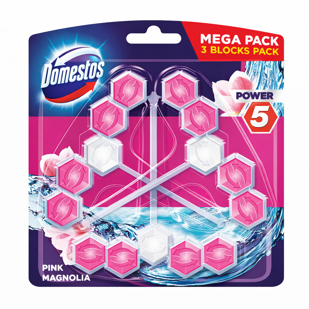 Domestos Power 5 Pink Magnolia WC Illatosító 3x55 g – Vízkőgátló és Virágos Frissességű WC Blokk