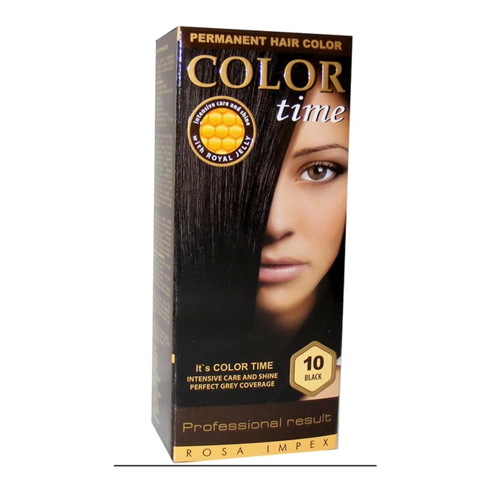 Color Time 10 Black Hajfesték – Mélyfekete Tartós Hajszín, Teljes Őszfedés, Royal Jelly Ápolással