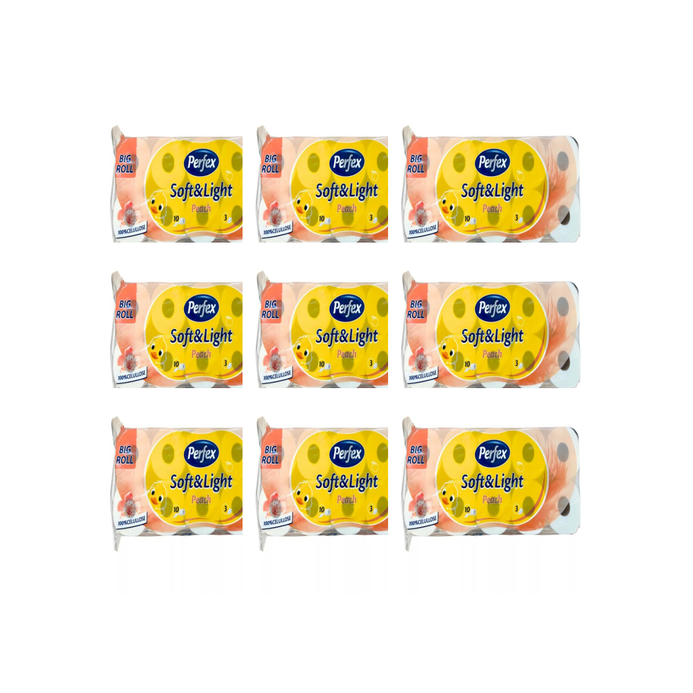 Perfex Soft & Light Peach toalettpapír 9 csomag (összesen 90 tekercs) – 3 rétegű, őszibarack illatú, 100% cellulóz