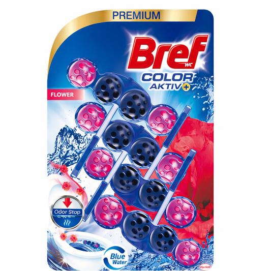 Bref Color Aktiv+ Flower WC illatosító 4x50g – Virágos illat, színes tisztító hatás és vízkő elleni védelem