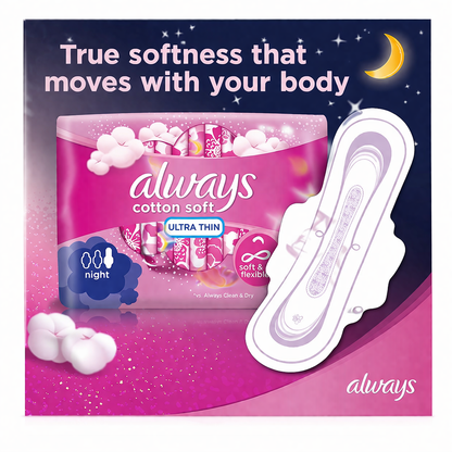 Always Cotton Soft Ultra Thin egészségügyi betét éjszakára, szárnyas (7 db)