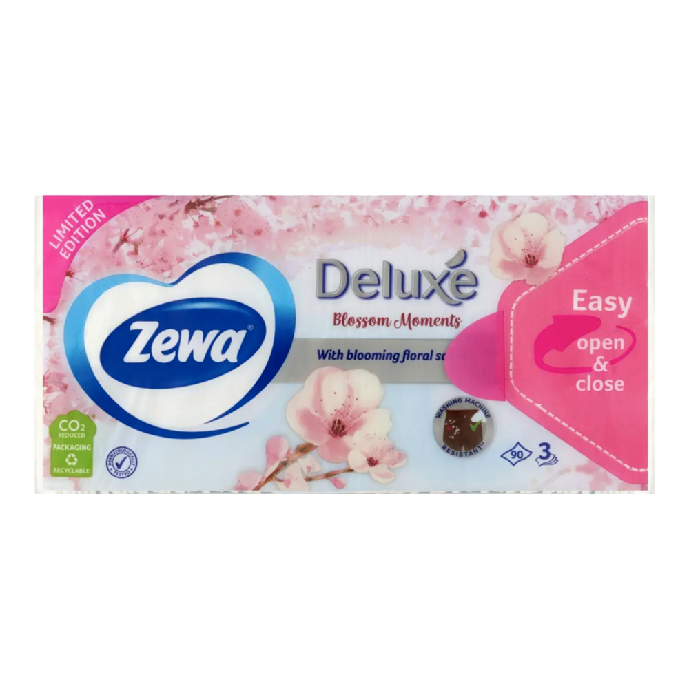 Zewa Deluxe Blossom Moments Papírzsebkendő 90 db – 3 Rétegű, Virágos Illattal, Extra Puha