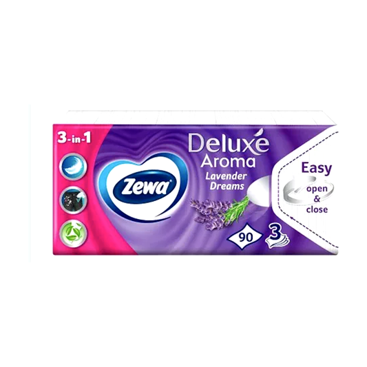 Zewa Deluxe Aroma Lavender Dreams Papírzsebkendő 90 db – 3 Rétegű, Levendulás Illattal, Extra Puha